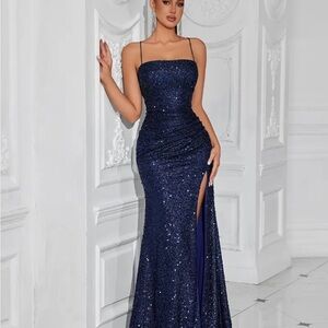Elegant Navy Blue Sequin Gown